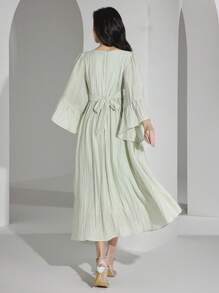 Heiryn 女士 V 领长款纯色日常连衣裙 - 灰綠 - 查看 3