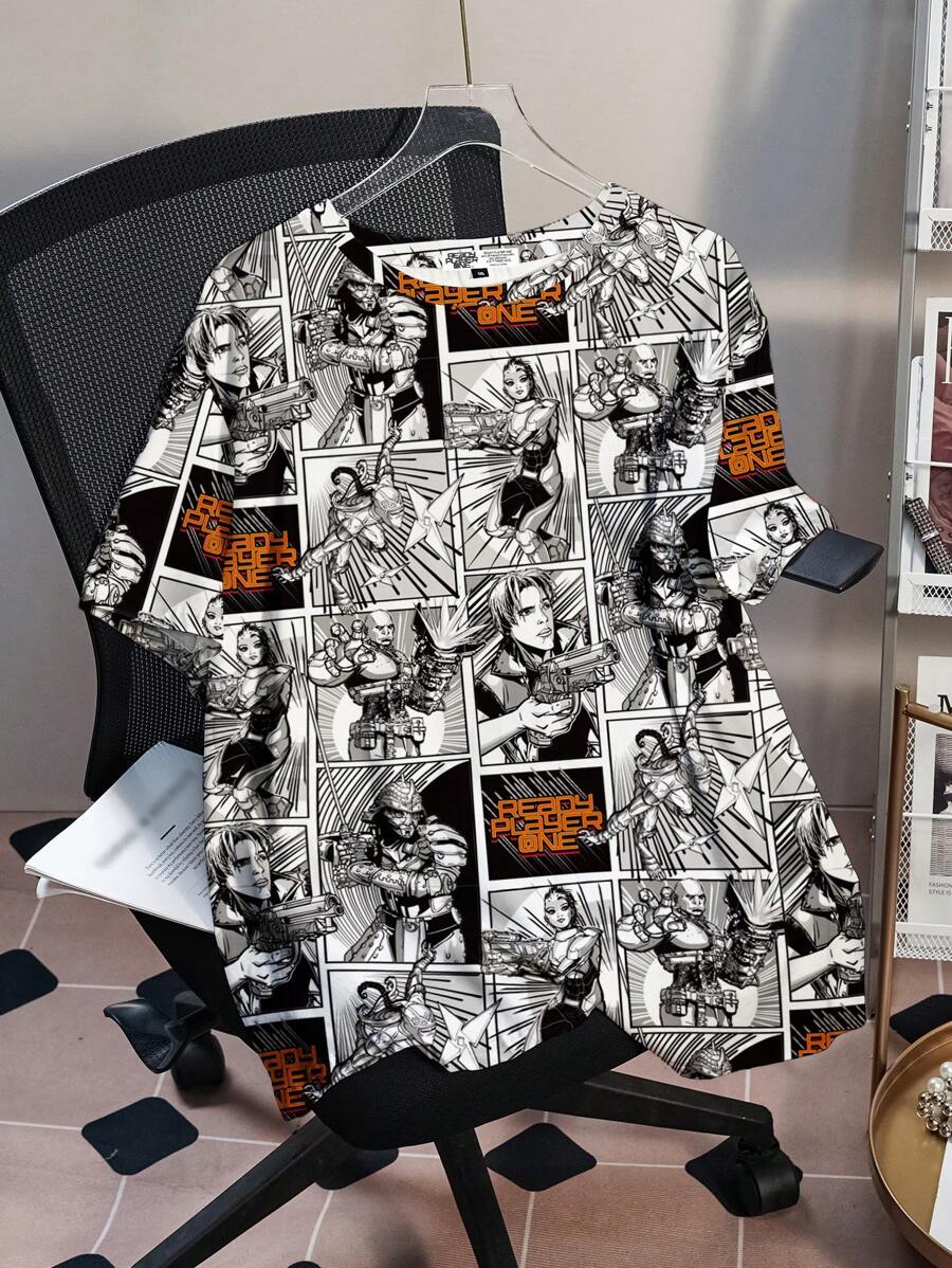 READY PLAYER ONE X SHEIN Plus Size Figure Graphic Round Neck Short Sleeve T-Shirt, Summer - White - View 1