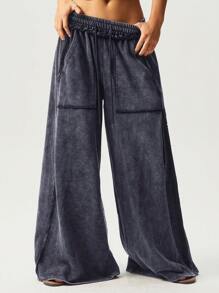 Bohemela Casual Knitted Snow-Washed Solid Color Patchwork Loose Wide-Leg Washed Women's Pants Wide Leg Pants Palazzo Pants Flowy Pants Oversized Pants Loose Pants - Grey - View 6