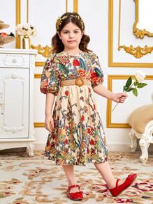 SHEIN Leap Crew Young Girl Floral Printed V-Neck Puff Sleeve Dress - Apricot - View 5