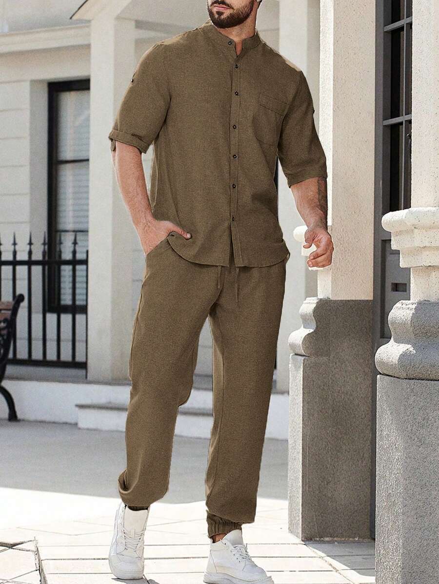 Manfinity Homme 宽松男士纯色卷袖衬衫套装男士亚麻两件套男士两件套亚麻套装卡其色男士套装 - 棕色 - 查看 1