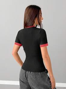 Coolane Áo thun nữ mùa hè phong cách đường phố, họa tiết in, chất liệu thun gân, co giãn, dáng ôm, màu đen và đỏ, thích hợp mặc đi chơi. - màu đen - Xem 5