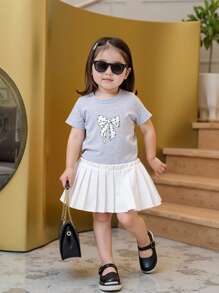 SHEIN 2022年夏季新款时尚黑色宽松休闲T恤连衣裙，适合女婴，蝴蝶结下摆设计 - 灰色 - 查看 3