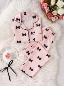 SHEIN 青少年女孩杏色可爱樱桃印花长裤和宽松短袖休闲舒适两件套睡衣套装 - 珊瑚粉 - 查看 5