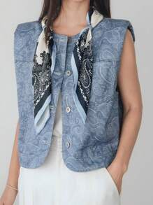 Dazy-Less Women's 2 Pieces Set: Loose Fit Plant Ditsy Floral Jacket With Scarf Decor, Casual/Business Commuter Elegant Office Wear, Spring, Summer, Autumn - Blue - View 2