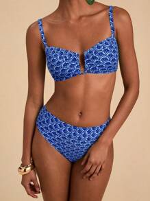 Travachic Conjunto de bikini con estampado floral, escote en V y aros para mujer, ideal para playa y resort