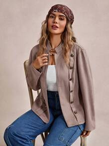 SHEIN LUNE Plus Size Suede Metal Button Casual Jacket, For Winter Fall Autumn - Khaki - View 6