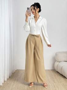 Modelyn Khaki,Autumn,Elegant Unique,Elegent,Office Women's High Waist Wide Leg Pants With Metal Buckle Accent,Pleated Fashionable Casual Soft Trousers - Khaki - View 7
