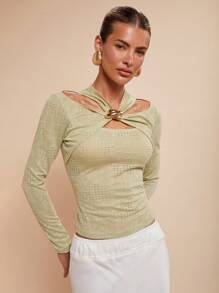 COSMINA Women Stylish Solid Color Textured Hollow Out Blouse