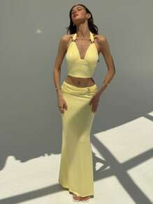 Aloruh Bộ 2 món gồm áo và chân váy hở lưng màu trơn gợi cảm dành cho nữ, thích hợp cho mùa hè. - Màu vàng - Xem 6