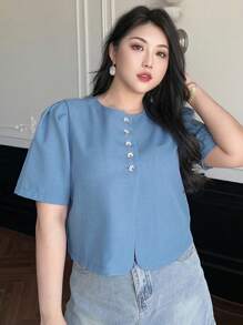 Dazy Plus Plus Size Solid Color Round Neck Short Buttoned Decorative Short Sleeve Shirt, Back To School Clothes - Blue - View 6