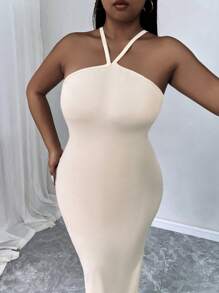 INAWLY Plus Solid Bodycon Sleeveless Dress For Summer - Beige - View 5