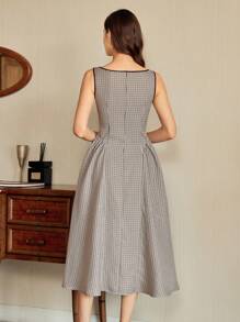 Vintamour Retro Classic Elegant Women's Dress, Spring/Summer Fitted Plaid Colorblock Sleeveless Long Dress - Coffee Brown - View 2