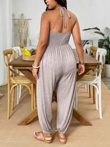 Weeklong 加大码双色花卉印花柔软针织V领连体裤，带真口袋，宽松版型，适合休闲、居家、旅行 - 卡其色 - 查看 2