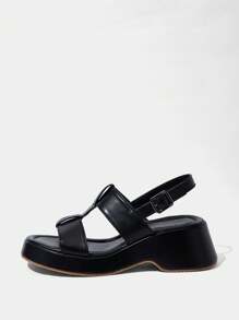 HighSole Modische, bequeme schwarze Plateau-Sandaletten mit Riemen und rundem Zehenbereich für Damen