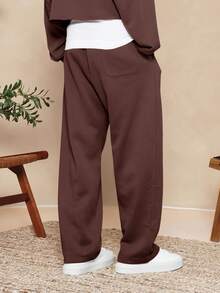 SUMWON Essential 低裆慢跑裤，宽松阔腿休闲居家运动裤，配有抽绳松紧腰带和侧袋，适合秋冬季穿着，舒适百搭。 - 巧克力棕 - 查看 2