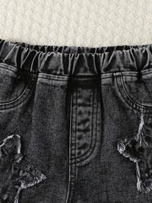 Quần short denim xanh nhạt cổ điển Y2K cho bé gái tuổi teen thêu hình ngôi sao năm cánh, dáng rộng, vải mềm mại và thoải mái, thời trang đường phố và đa năng - Xám - Xem 5