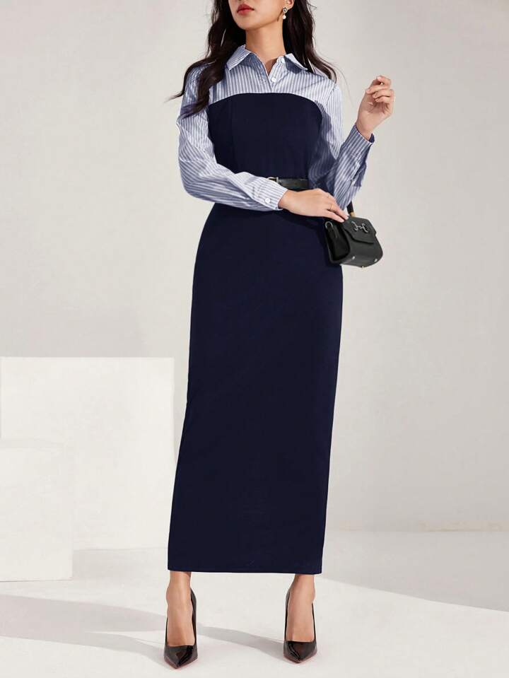 Heiryn 女性のストライプパッチワークロング袖シャツカラー