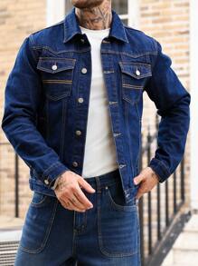 Manfinity Homme Men Street Wear American Casual Military Style Long Sleeve Single Breasted Pocket Casual Denim Jacket, Fall - Dark Wash - View 6