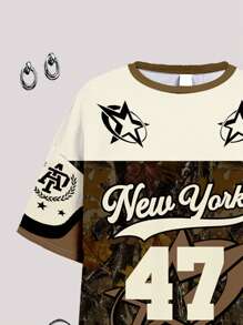 Vintage Sports Style Numeric 47 & Camo Print Casual Oversized Knit T-Shirt, Teen Girls Summer Cool Wear Collection, Bikercore