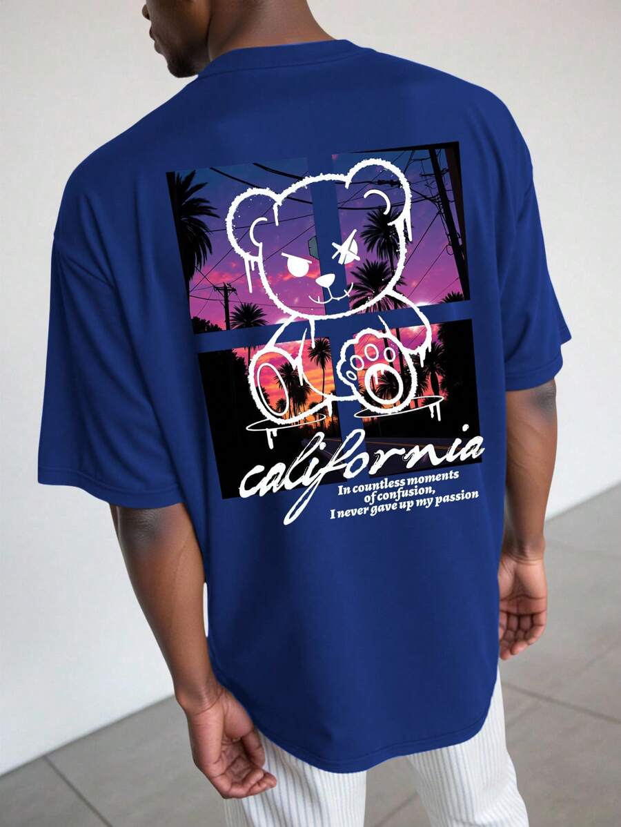 Manfinity EMRG 超大号男款卡通熊与口号图案T恤 蓝色图案T恤 男款 男款 蓝色图案T恤 蓝色图案T恤 图案T恤 蓝色 深蓝色图案T恤 - 藍色 - 查看 1