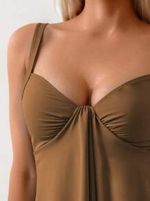 Swim Lushoire 2 件套春季新款度假优雅女士褶皱沙滩装，全黑纯色女士细肩带分体比基尼泳装