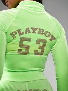 Missguided x Playboy 霓虹天鹅绒修身拉链运动夹克长袖休闲家居服街头风格 Y2K 时尚春秋