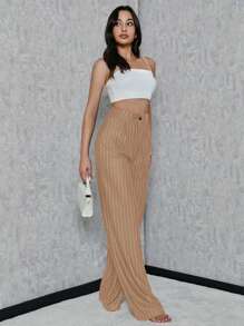 SHEIN 大码女式条纹海军蓝米色休闲日常时尚裤 - 米色 - 查看 3