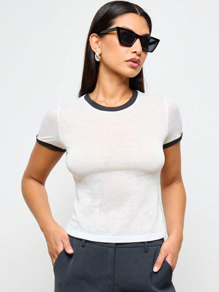 AiiRZ Camiseta ajustada de estilo retro clásico, básica esencial, top corto casual de verano y primavera - Multicolor - Ver 1