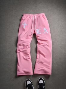 PAVTROS Manfinity Streetrush 男士街头学院风 INS 高街嘻哈摇滚刺绣贴片设计运动裤，粉色针织微喇叭裤型，饰有十字架和“LA”字母图案。配有弹性腰带和抽绳设计。 - 粉色 - 查看 5