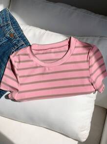 Comfortcana Áo thun nữ tay ngắn cổ tròn kẻ sọc hồng, kiểu dáng thường ngày, thích hợp cho mùa hè. - Hồng - Xem 3