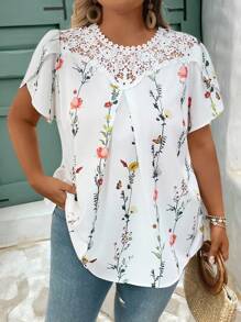 SHEIN CURVE+ Plus Size Women Holiday Lace Floral Print Petal Short Sleeve Shirt Summer/Country/Beach Vacation/Beach Wear Tops Summer White Blouses Boho For - Multicolor - View 2