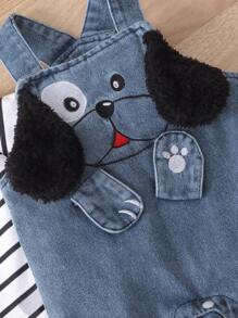 Newborn Baby Casual Striped Short Sleeve Tee + Cute Puppy Print Distressed Denim Bib Overalls 2-Piece Set - Black and White - View 3