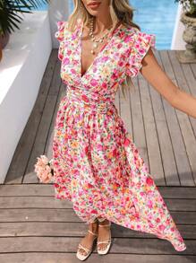 Vivid Eden 夏季周末约会连衣裙，女士V领荷叶袖修身连衣裙，收腰设计，A字裙摆飘逸，适合夏季海滩度假、返校季、简约日常、办公室着装、优雅气质、教师装、约会、独立日、毕业季、周末婚礼季、姐妹下午茶聚会、节日庆典等场合，波西米亚风女装 - 彩色 - 查看 4