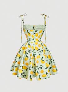 SHEIN MOD 女士春季吊带柠檬图案复古短裙、度假裙、水果裙、女士沙滩装、女士夏季装