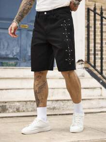 Manfinity Homme Pantalones cortos de mezclilla negros sueltos de estilo urbano con bordados y cuentas - Negro - Ver 5