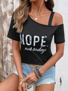 Zolique Áo thun nữ mùa hè in chữ cổ bất đối xứng tay ngắn thường ngày - màu đen - Xem 7