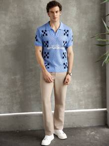 Manfinity Homme 男士夏季休闲格纹镂空针织上衣 - 藍色 - 查看 4