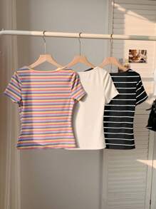 Comfortcana 3pcs/Set Colorful Striped Short Sleeve Square Neck Casual Loose T-Shirt, Plus Size Tops, Summer Top - Multicolor - View 3