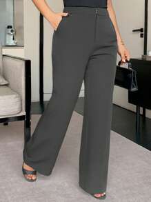 Dazy Plus Plus Size Solid Color Loose Straight-Leg Casual Black Long Pants, All Season Women Dress Pants Fall - Dark Grey - View 4