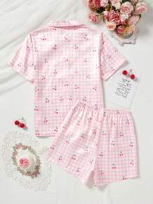 Conjunto de blusa de manga corta con cuello de solapa y estampado a cuadros y cereza, y pantalones cortos, ropa de descanso resistente al fuego imitación para adolescentes