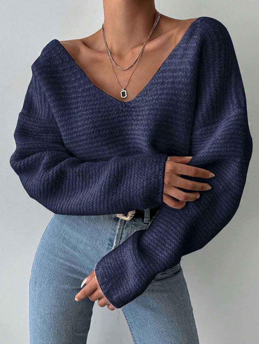 SHEIN Cottnline Women Casual & Simple V-Neck Loose Drop Shoulder Solid Color Sweater, Suitable For Autumn/Winter - Navy Blue - View 1