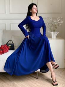 Feyla 优雅纯色 A 字形钻石 V 领长袖女式连衣裙 - 藍色 - 查看 5