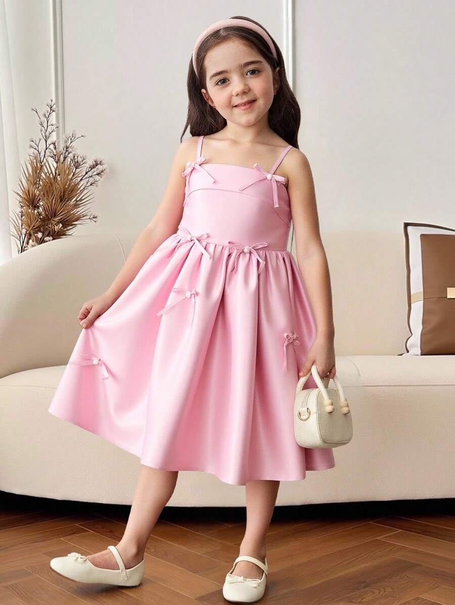 SHEIN Young Girl Woven Solid Color Bowknot Strap Dress, Formal Clothing