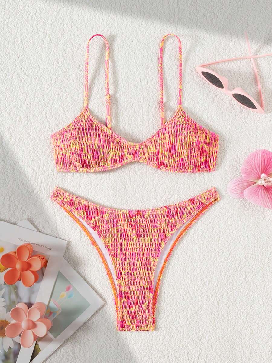 Swim Mod Women's Summer Spaghetti Strap Print Bikini Set, Tight Casual Vacation Two Pieces Swimsuit - Multicolor - View 1