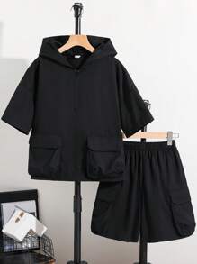 2pcs Tween Boys Casual Daily Comfortable Solid Color Hooded Pocket Loose Short Sleeve Half Zip T-Shirt And Shorts Knit Tracksuit Set - Black - View 2