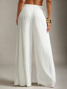 Hauture Old Money Sexy Business Casual Satin Pleated Wide Leg Ivory Pants For Women – Elegant High Waist Palazzo Trousers, Chic Office Lady Statement, Professional Workwear & Stylish Basic Minimalist Bottoms