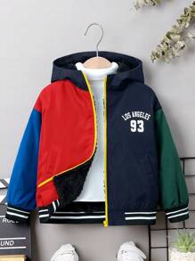 SHEIN Young Boy Casual Comfortable Warmth Letter & Christmas Color Block Striped Hooded Jacket With Thermal Lined, Autumn & Winter - Navy Blue - View 5