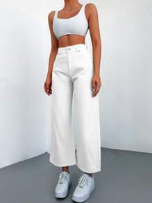 EURMUSE 100%Cotton High Waist Wide Leg Jeans - White - View 3
