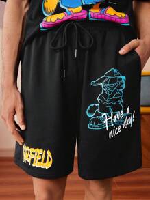 GARFIELD | SHEIN 男士休闲宽松卡通猫咪印花圆领T恤短裤黑色套装，夏季 - 黑色 - 查看 5